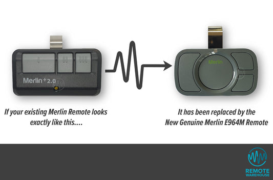 Merlin E943M black sun visor style remote with 3 grey buttons is replaced with Merlin E964M 4button grey sun visor garage remote