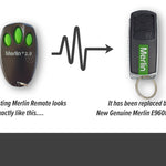 Merlin bear claw style black remote with 3 green buttons +2.0 is replaced with Merlin E960M 4 button remote
