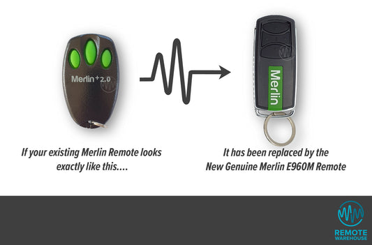 Merlin bear claw style black remote with 3 green buttons +2.0 is replaced with Merlin E960M 4 button remote