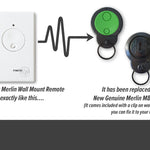 Merlin M128 white wall mounted remote is replaced with M842 keyring black & green remote with wall mount bracket