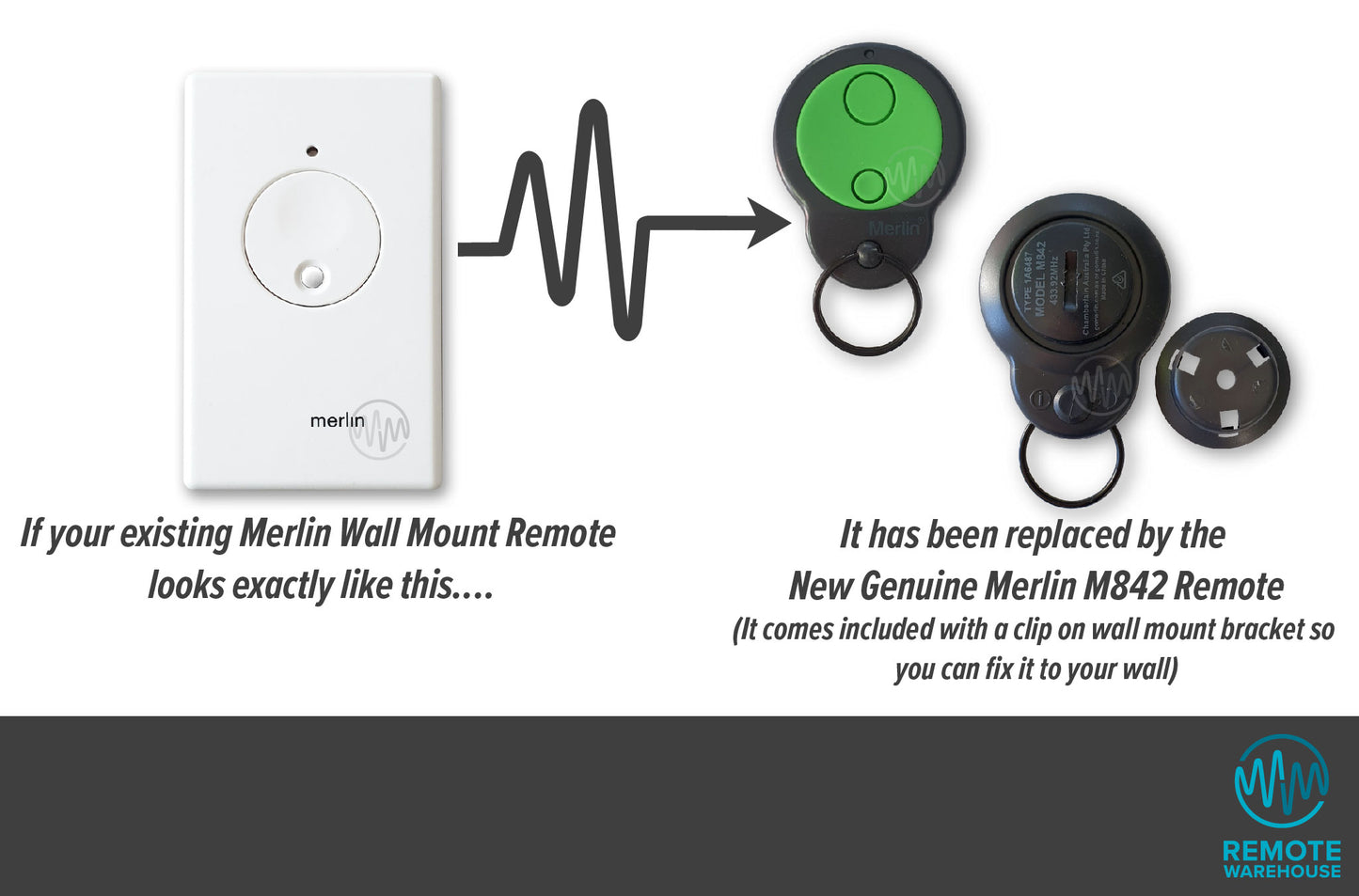 Merlin M128 white wall mounted remote is replaced with M842 keyring black & green remote with wall mount bracket