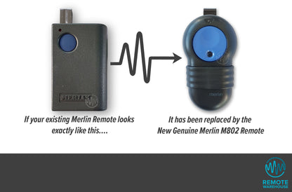 Merlin M800 large grey single blue button remote replaced with Merlin m802 large sun visor remote with single large blue button