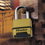 Master Lock excell combination padlock attached to hasp & staple on metal sheet wall
