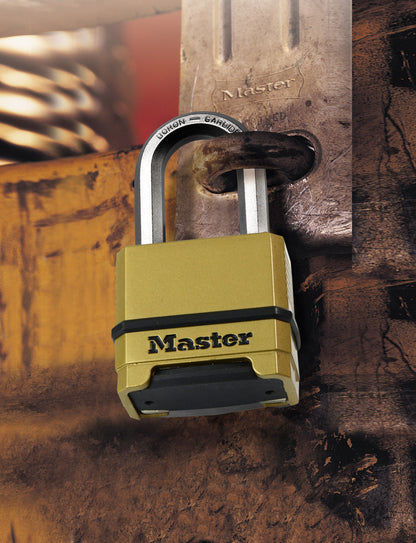 Master Lock excell combination padlock attached to hasp & staple on metal sheet wall
