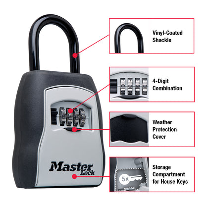 Master Lock MA5400 lock box with shackle & combination dials showing features pointed to with red arrows