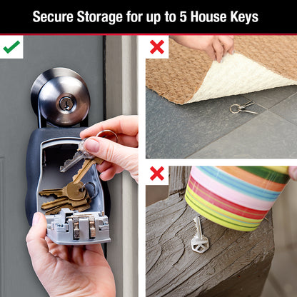 Master Lock lock box with shackle secured around door handle, open with hand putting keys inside it