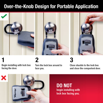 Master Lock MA5400 shackle style lock box showing in step by step photos how to open & detach the shackle part