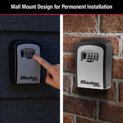 Master Lock branded silver & dark grey lockbox mounted on a weatherboard wall & a brick wall