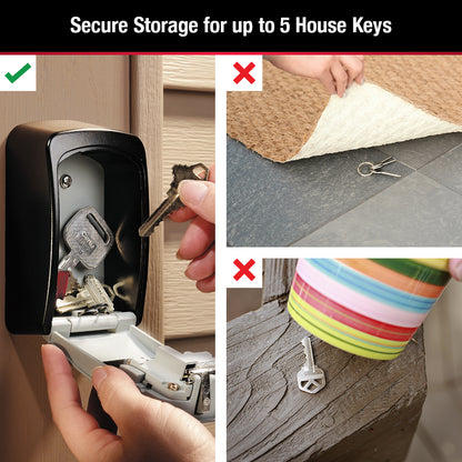 Master Lock MA5401 lock box shown mounted on a house exterior, open with hand putting keys inside it