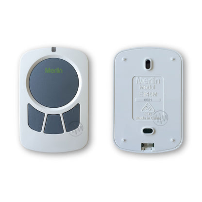 Merlin E148M white with 4 grey buttons wireless wall button front & back view