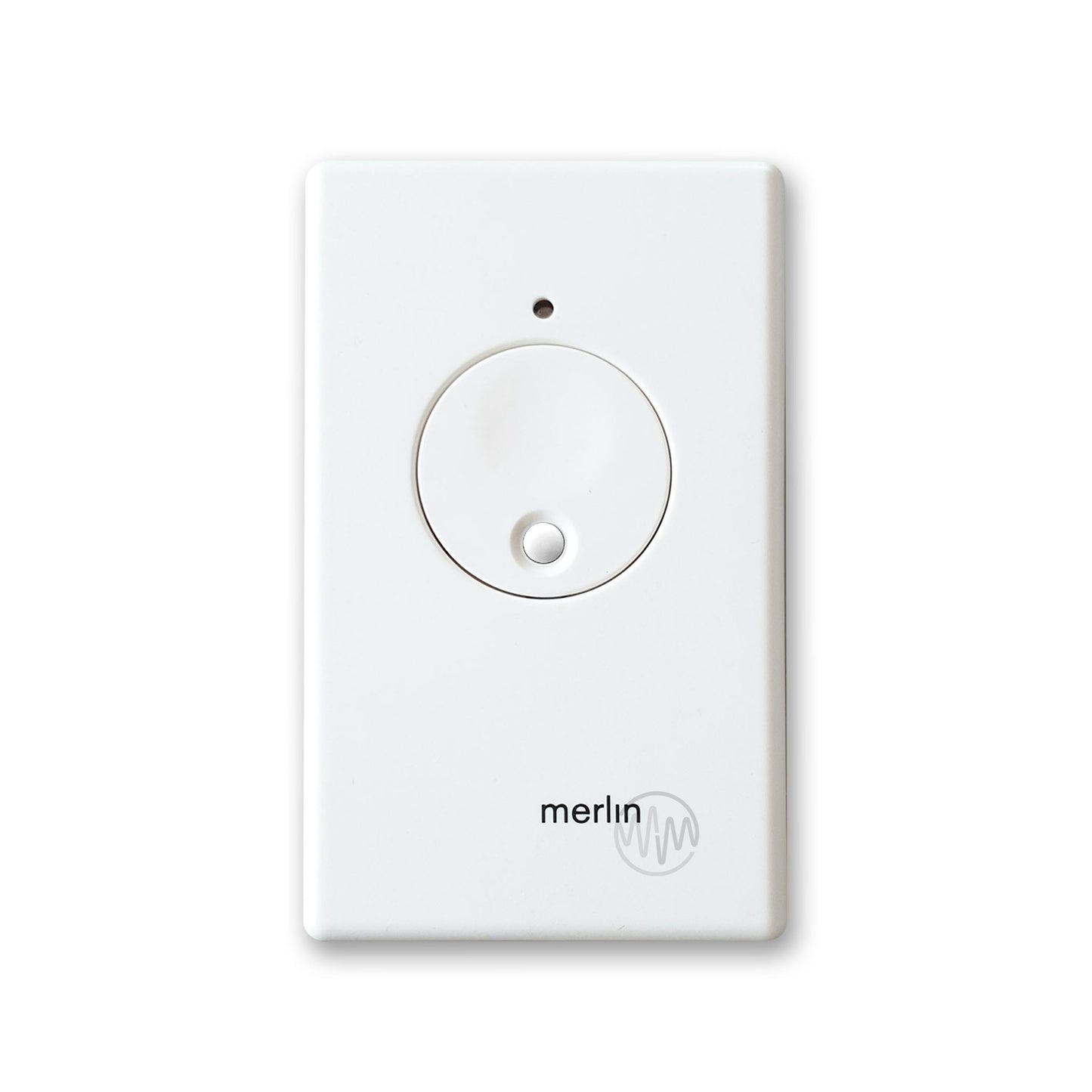 Merlin M128 white rectangle wireless wall button remote with large circle button & smaller white button inside it 