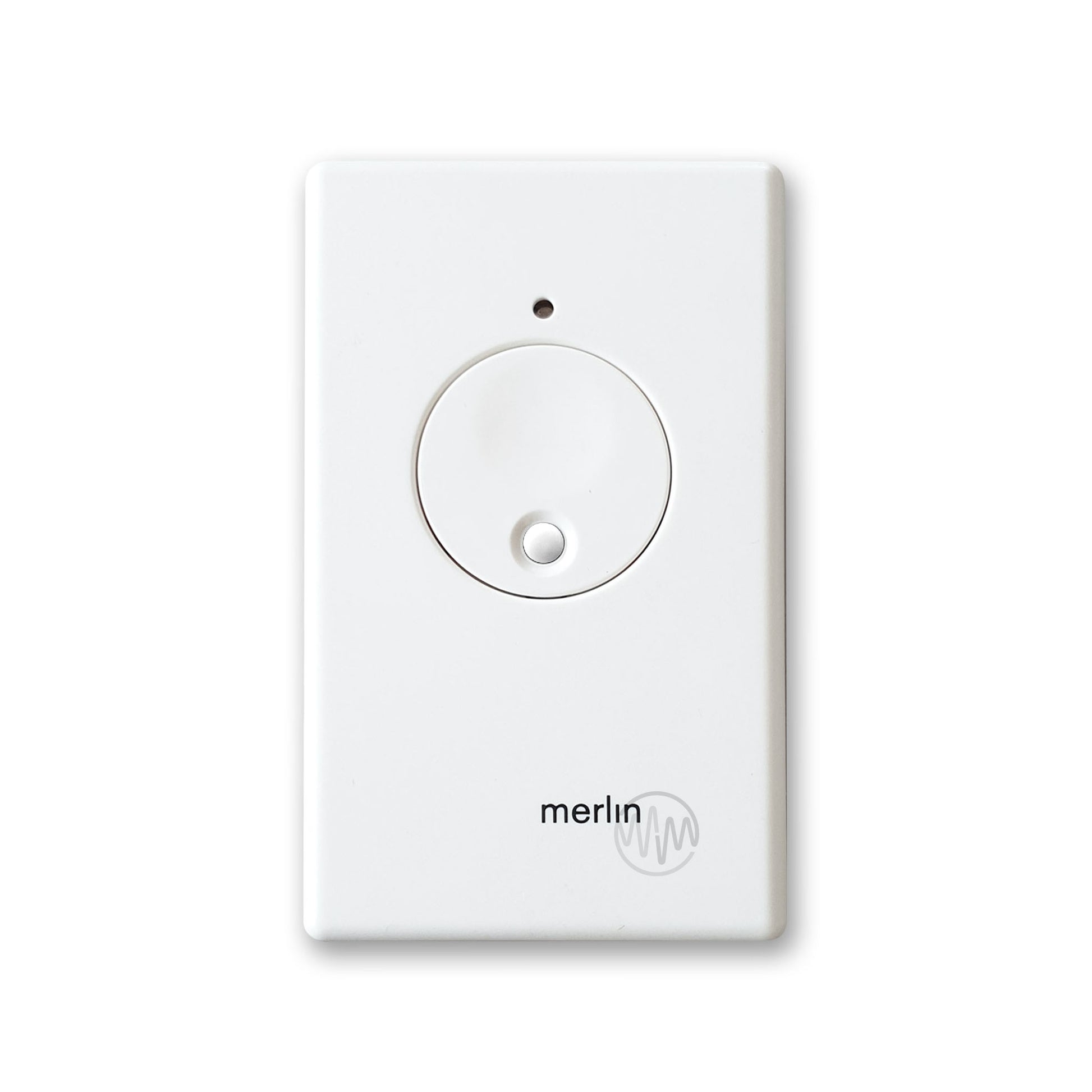 Merlin M128 white rectangle wireless wall button remote with large circle button & smaller white button inside it 