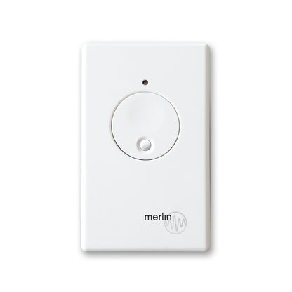 Merlin M128 white rectangle wireless wall button remote with large circle button & smaller white button inside it 