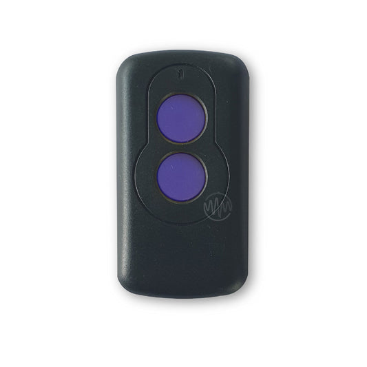 Small black oblong garage remote with 2 blue circle buttons for Merlin M802 