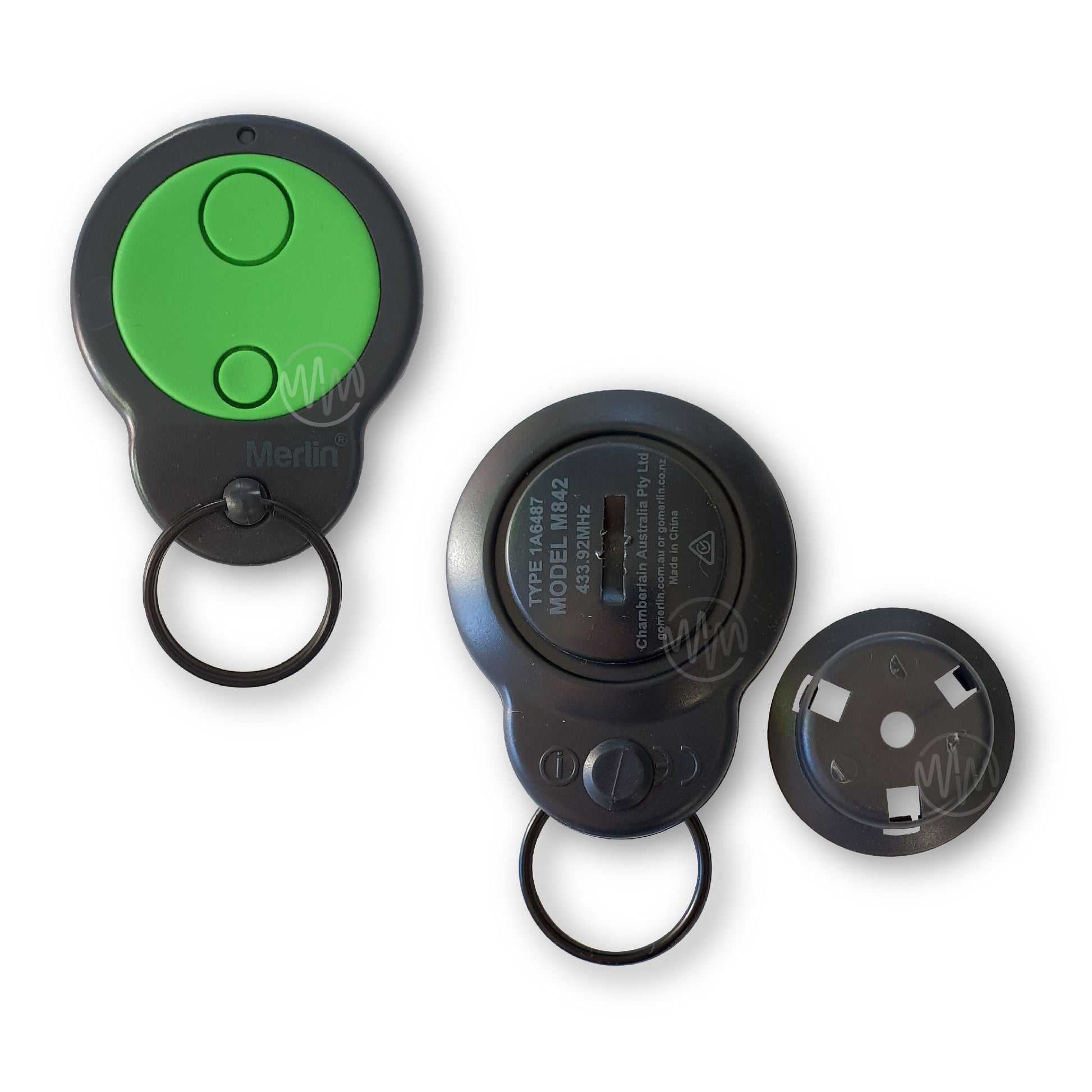 Front & back of Merlin M842 black & green keyring garage remote with 2 small circle green buttons