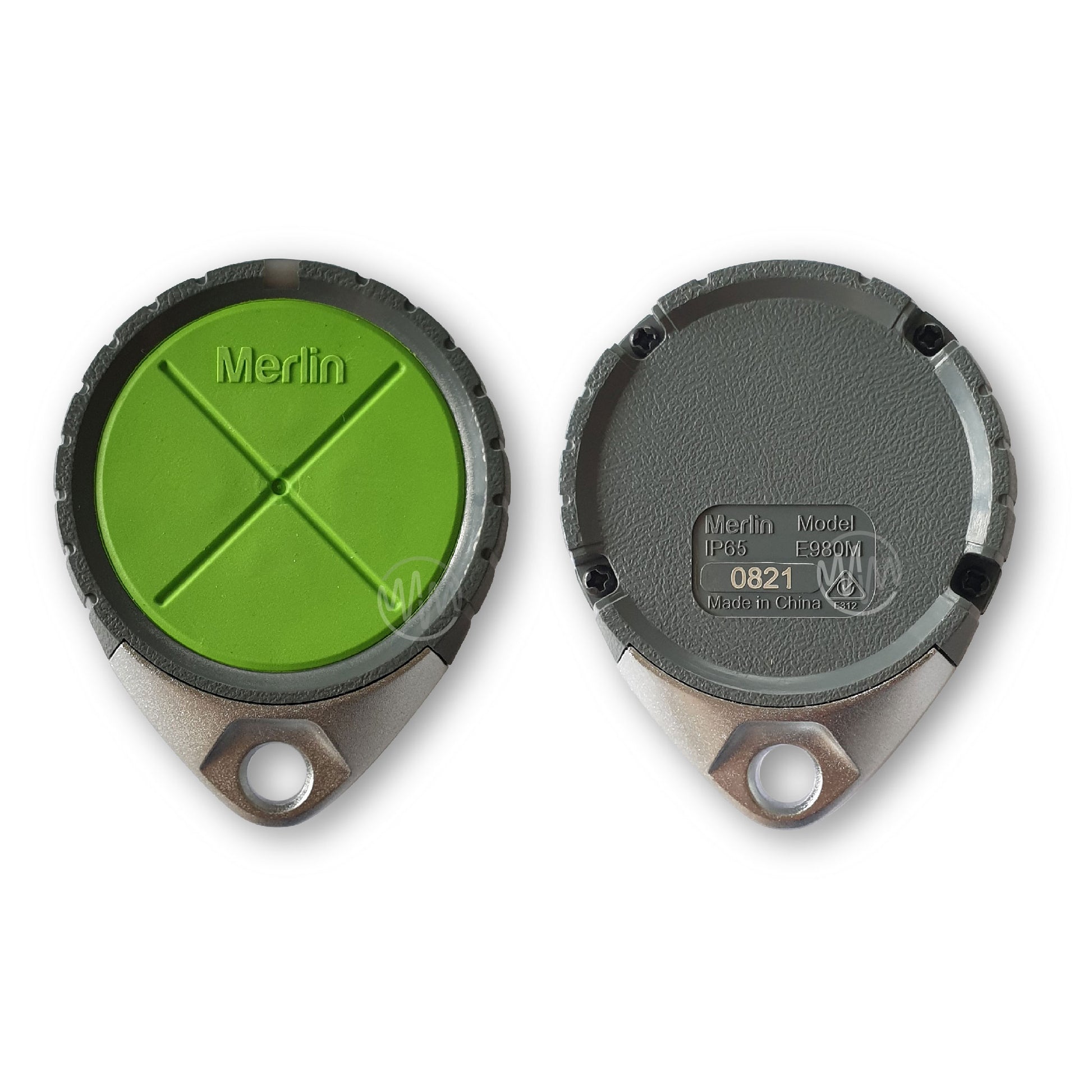 Merlin E980M grey, silver & lime green ribbed edge teardrop shape garage remote front & back view
