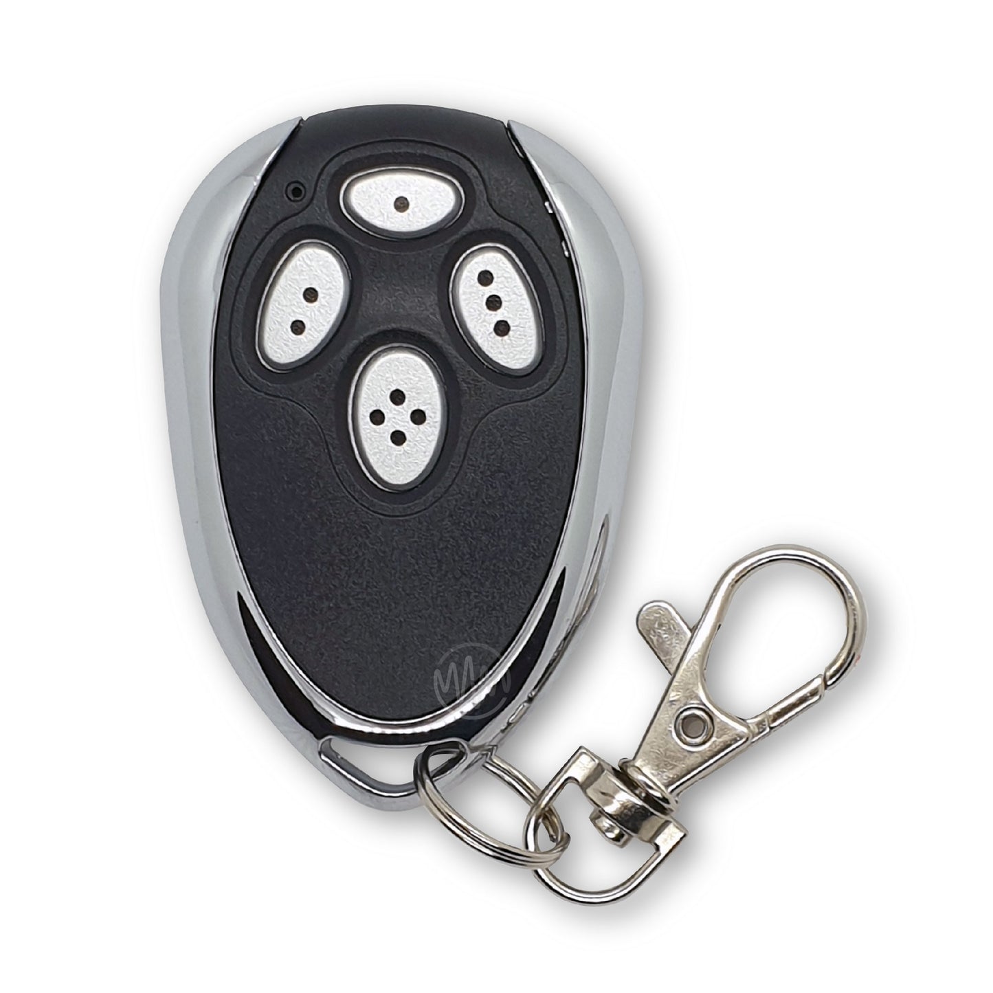 Orca black & metal teardrop shape garage door remote with silver dotted buttons