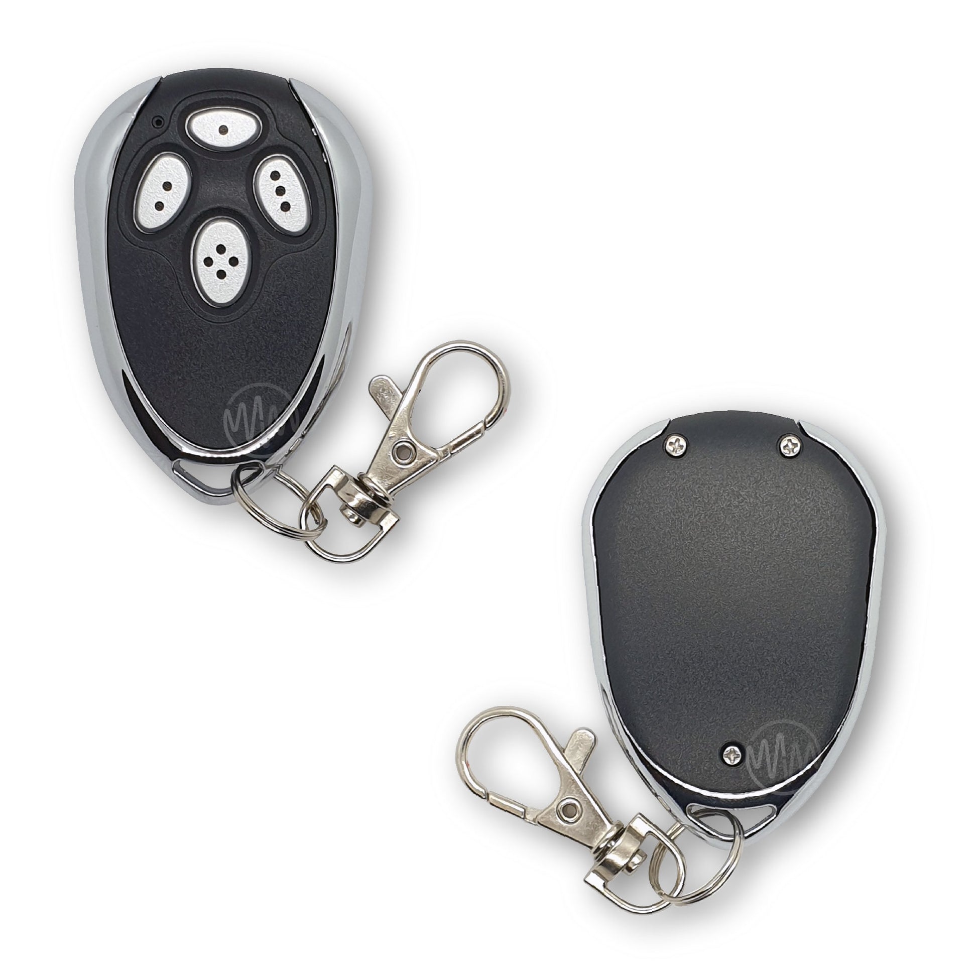 Orca black & metal teardrop shape garage door remote with silver dotted buttons front & back view