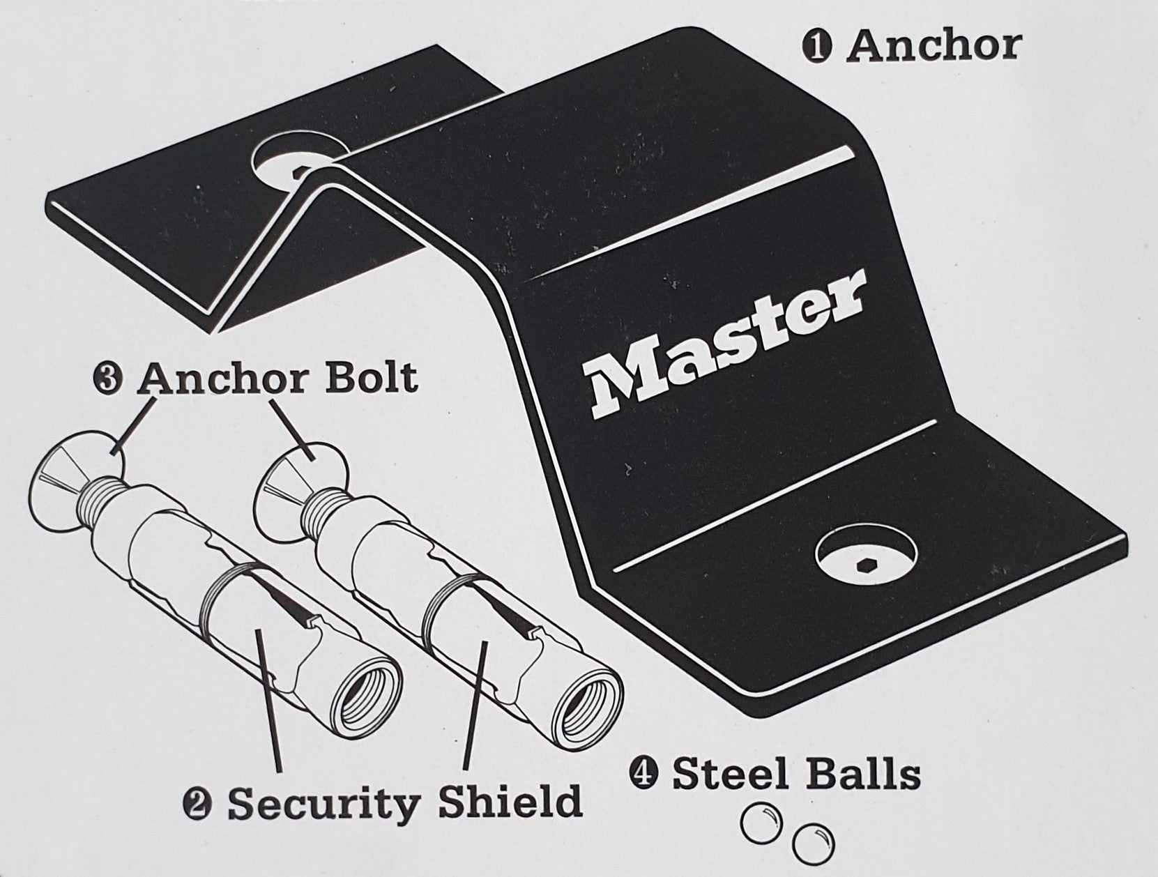 Master Lock branded black floor anchor with bolts